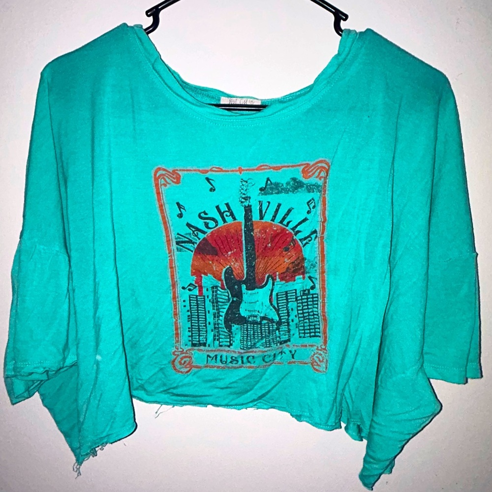Sz XL West Coast: Aqua/Teal Nashville Music City Batwing Cropped Top